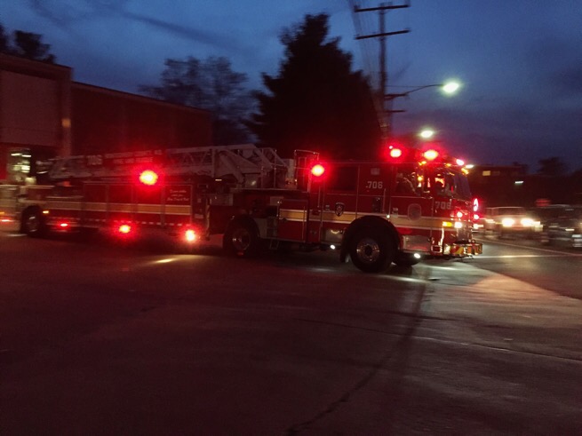 Ladder truck leaving the Bethesda fire station. 
